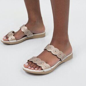 AE Rhinestone Glitter Slide Sandals Duo Band White Gold Silver Bling Festival